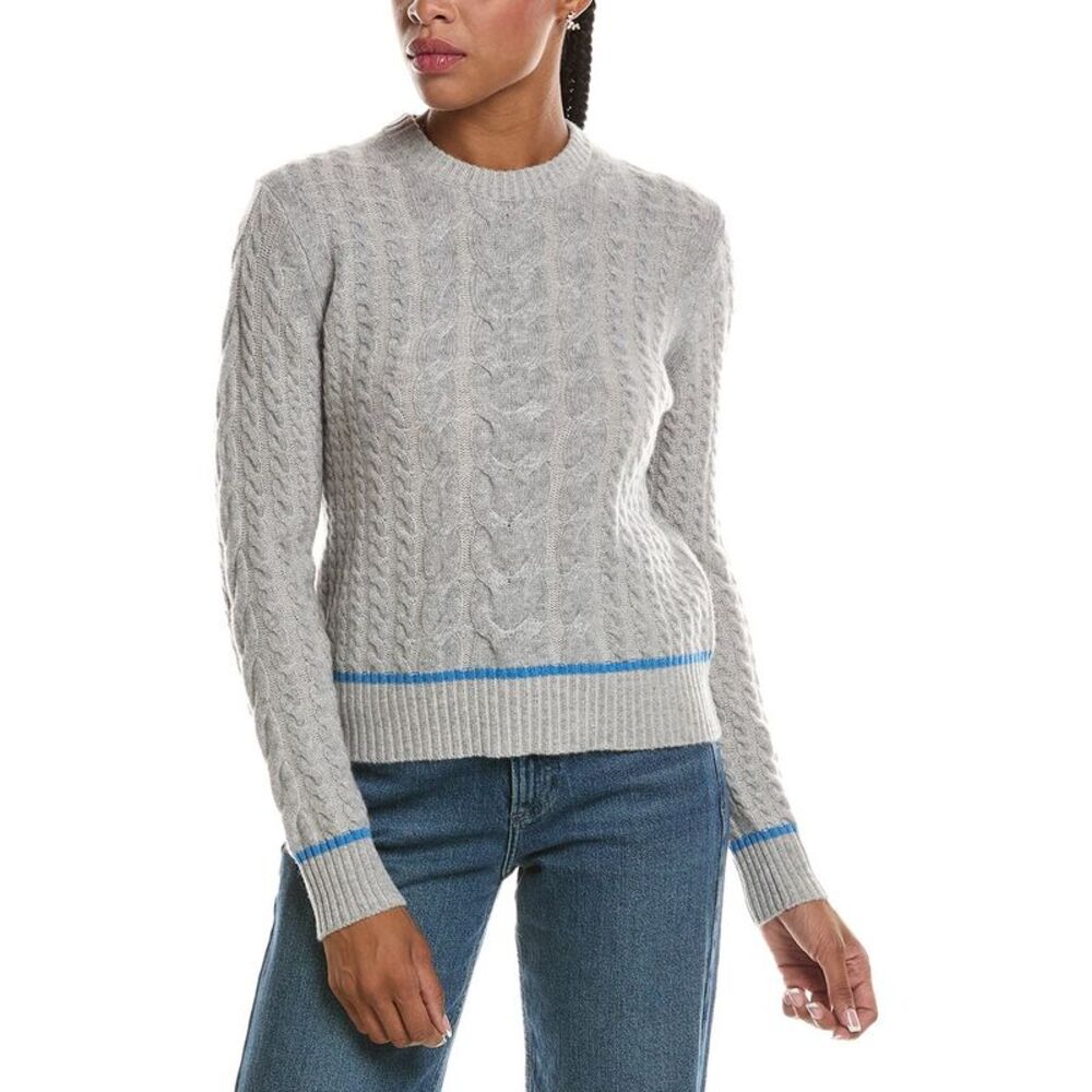 Forte Cashmere Womens Plaited Tipped Cable Crewneck 100% Cashmere Sweater, Grey